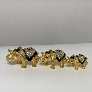 Set of 3 Gold Color Elephants Family Metal Trinket Dishes Green & Pearls Accents